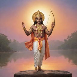 A sublime and peaceful illustration of the deity Sree Ram, depicted with traditional Indian attire and iconic bow, set against a backdrop of glowing sunrise over a calm, serene river.