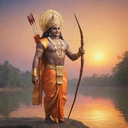 A sublime and peaceful illustration of the deity Sree Ram, depicted with traditional Indian attire and iconic bow, set against a backdrop of glowing sunrise over a calm, serene river.