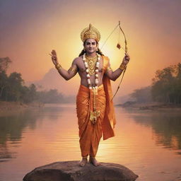 A sublime and peaceful illustration of the deity Sree Ram, depicted with traditional Indian attire and iconic bow, set against a backdrop of glowing sunrise over a calm, serene river.