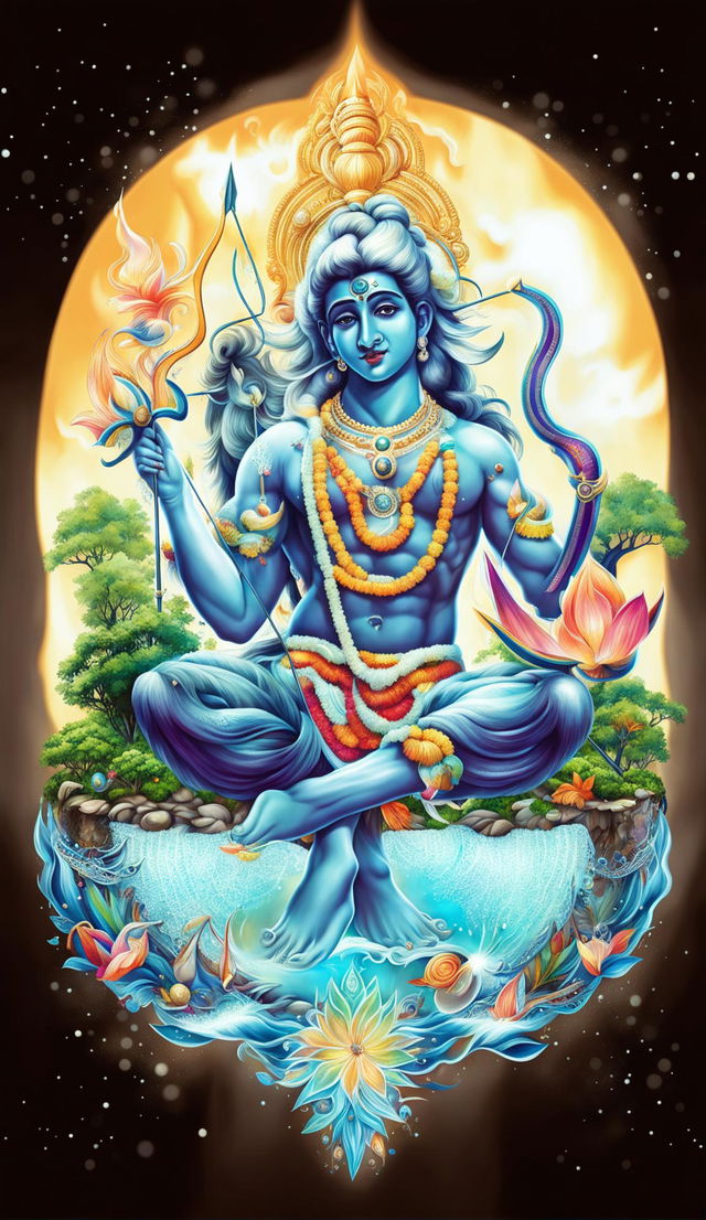 Digital art of Indian god Ram as symbol of Earth and all elements. He holds a miniature globe in his lap while surrounded by representations of sky, forest, ocean, wind, and fire.