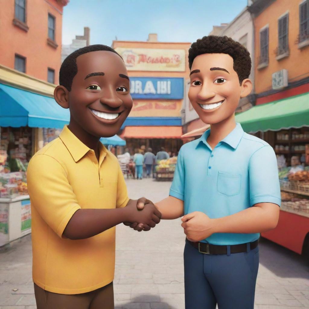 A cartoon image of two men, one a seller and the other a buyer, cheerfully shaking hands and sealing a deal in a vibrant marketplace setting. Both characters are designed with unique, humorous touches.