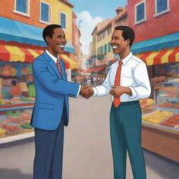 A cartoon image of two men, one a seller and the other a buyer, cheerfully shaking hands and sealing a deal in a vibrant marketplace setting. Both characters are designed with unique, humorous touches.