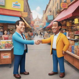 A cartoon image of two men, one a seller and the other a buyer, cheerfully shaking hands and sealing a deal in a vibrant marketplace setting. Both characters are designed with unique, humorous touches.