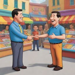 A cartoon image of two men, one a seller and the other a buyer, cheerfully shaking hands and sealing a deal in a vibrant marketplace setting. Both characters are designed with unique, humorous touches.