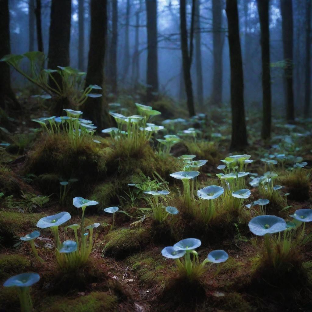 Night Howlers: Mystical and eerie forest filled with carnivorous plants known as Night Howlers, they emit a radiant blue light illuminating the darkness around.