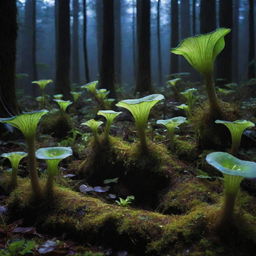 Night Howlers: Mystical and eerie forest filled with carnivorous plants known as Night Howlers, they emit a radiant blue light illuminating the darkness around.