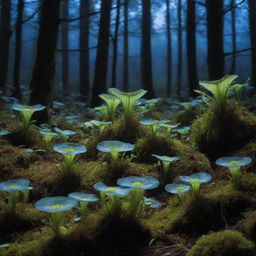 Night Howlers: Mystical and eerie forest filled with carnivorous plants known as Night Howlers, they emit a radiant blue light illuminating the darkness around.