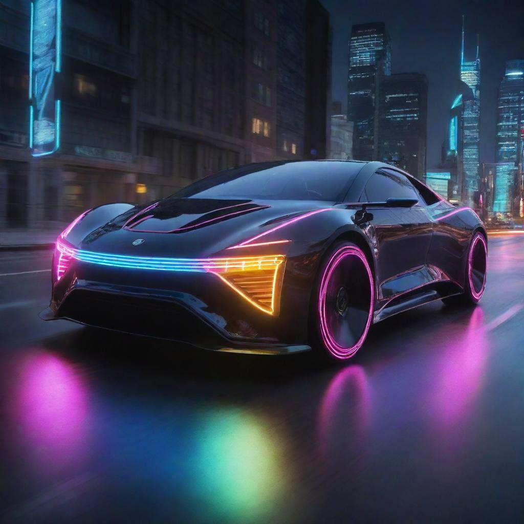 Electropunk vehicles pulsating with electric energy; sleek design with neon lights highlighting their edges, powered by visible high-voltage electric engines, and leaving trails of multicolored energy in their wake.