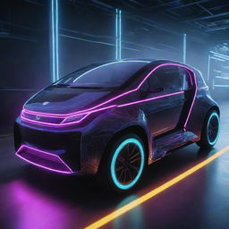 Electropunk vehicles pulsating with electric energy; sleek design with neon lights highlighting their edges, powered by visible high-voltage electric engines, and leaving trails of multicolored energy in their wake.