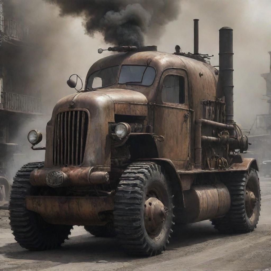 Dieselpunk vehicles with a raw, grungy look; heavily built using iron and steel, powered by visible large diesel engines with protruding exhaust pipes, exuding dense smoke, and featuring bold utilitarian design elements.