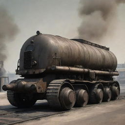 Dieselpunk vehicles with a raw, grungy look; heavily built using iron and steel, powered by visible large diesel engines with protruding exhaust pipes, exuding dense smoke, and featuring bold utilitarian design elements.