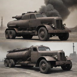 Dieselpunk vehicles with a raw, grungy look; heavily built using iron and steel, powered by visible large diesel engines with protruding exhaust pipes, exuding dense smoke, and featuring bold utilitarian design elements.