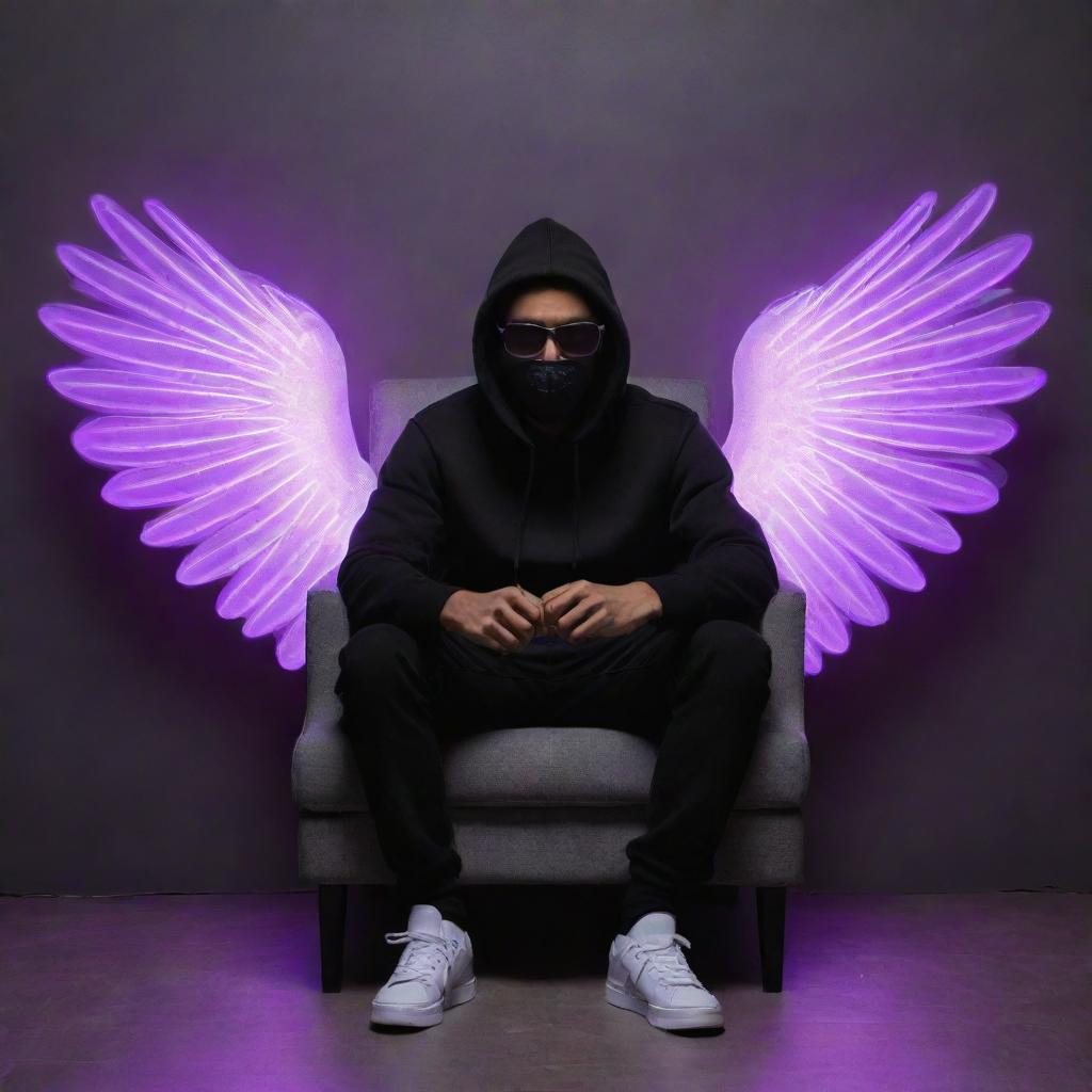 Generate a 3D illusion of a handsome, 29-year old man sitting casually on a wingback chair that is illuminated with purple neon light. He is wearing a black hoodie, black mask, glasses, and sneakers. The background is a grey wall adorned with glowing text 'ALIMUGHAL'. He also has angel wings.