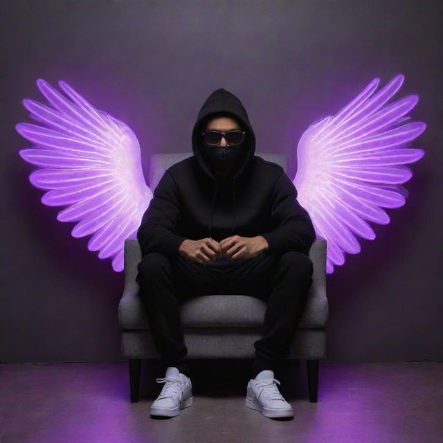 Generate a 3D illusion of a handsome, 29-year old man sitting casually on a wingback chair that is illuminated with purple neon light. He is wearing a black hoodie, black mask, glasses, and sneakers. The background is a grey wall adorned with glowing text 'ALIMUGHAL'. He also has angel wings.