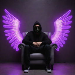 Generate a 3D illusion of a handsome, 29-year old man sitting casually on a wingback chair that is illuminated with purple neon light. He is wearing a black hoodie, black mask, glasses, and sneakers. The background is a grey wall adorned with glowing text 'ALIMUGHAL'. He also has angel wings.