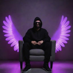 Generate a 3D illusion of a handsome, 29-year old man sitting casually on a wingback chair that is illuminated with purple neon light. He is wearing a black hoodie, black mask, glasses, and sneakers. The background is a grey wall adorned with glowing text 'ALIMUGHAL'. He also has angel wings.