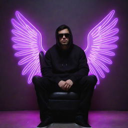 Generate a 3D illusion of a handsome, 29-year old man sitting casually on a wingback chair that is illuminated with purple neon light. He is wearing a black hoodie, black mask, glasses, and sneakers. The background is a grey wall adorned with glowing text 'ALIMUGHAL'. He also has angel wings.