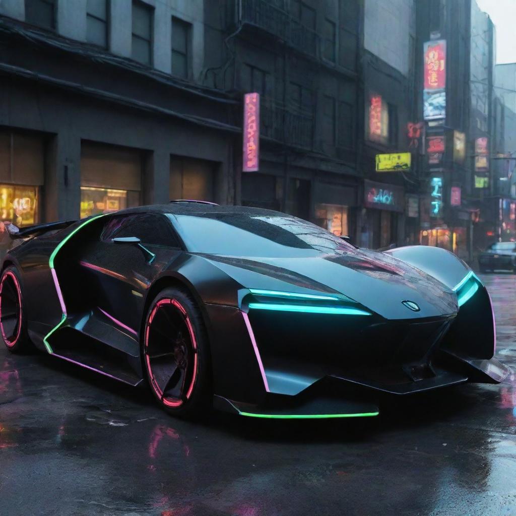 Cyberpunk vehicles with futuristic design; sleek black body with neon trim, hovering or tireless mechanisms, powered by complex technology evident in their radiant exhausts, digital windows and AI control interfaces.