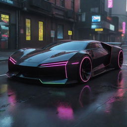 Cyberpunk vehicles with futuristic design; sleek black body with neon trim, hovering or tireless mechanisms, powered by complex technology evident in their radiant exhausts, digital windows and AI control interfaces.