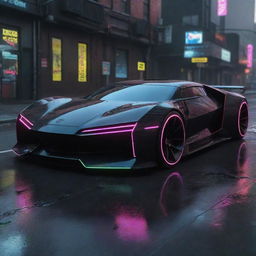 Cyberpunk vehicles with futuristic design; sleek black body with neon trim, hovering or tireless mechanisms, powered by complex technology evident in their radiant exhausts, digital windows and AI control interfaces.