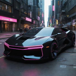 Cyberpunk vehicles with futuristic design; sleek black body with neon trim, hovering or tireless mechanisms, powered by complex technology evident in their radiant exhausts, digital windows and AI control interfaces.