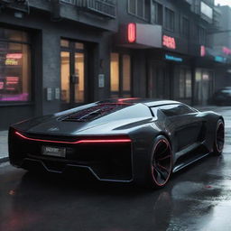 Cyberpunk vehicles with futuristic design; sleek black body with neon trim, hovering or tireless mechanisms, powered by complex technology evident in their radiant exhausts, digital windows and AI control interfaces.