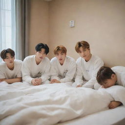 Stray Kids' members attentively nursing their leader Bang Chan, who is under the weather, in a comfortable and cosy bedroom setting. Their expressions are full of concern and care.