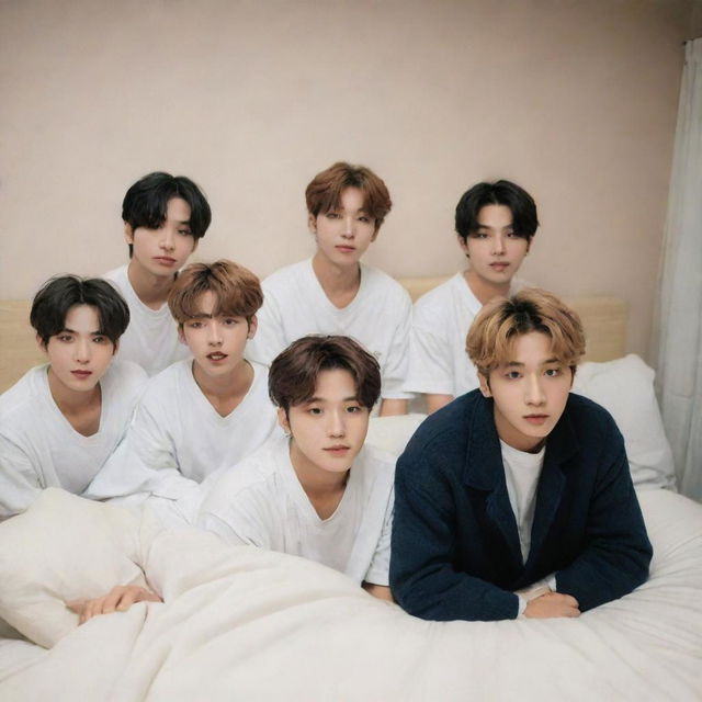 Stray Kids' members attentively nursing their leader Bang Chan, who is under the weather, in a comfortable and cosy bedroom setting. Their expressions are full of concern and care.