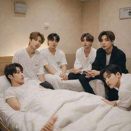 Stray Kids' members attentively nursing their leader Bang Chan, who is under the weather, in a comfortable and cosy bedroom setting. Their expressions are full of concern and care.