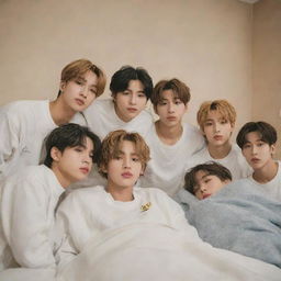 Stray Kids' members attentively nursing their leader Bang Chan, who is under the weather, in a comfortable and cosy bedroom setting. Their expressions are full of concern and care.