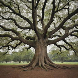 A tree with deeply rooted traditions growing upwards into branches representing modern eras, visually encapsulating the passage of time.