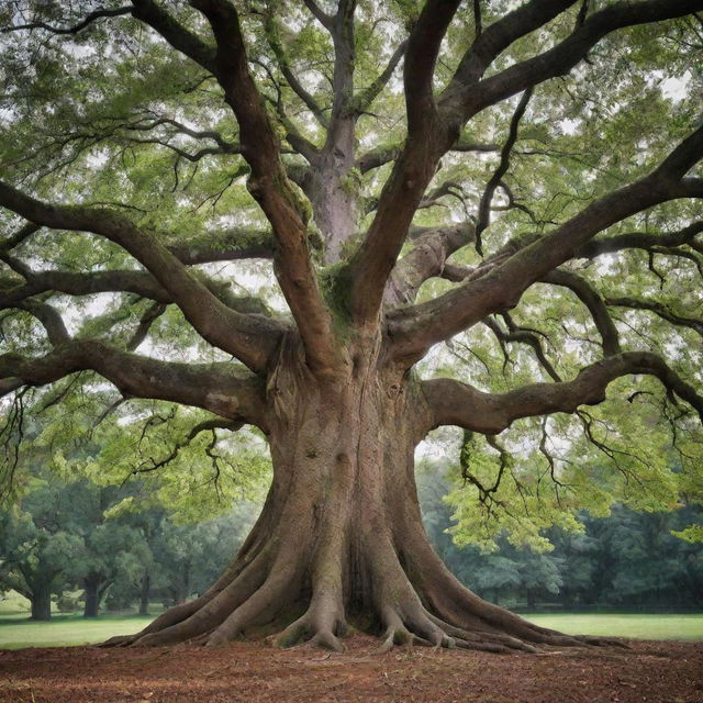 A tree with deeply rooted traditions growing upwards into branches representing modern eras, visually encapsulating the passage of time.