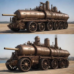 Steampunk military vehicles resembling armored, land-ship monstrosities; designed in Victorian aesthetics with hefty brass and iron build, turrets fitted with steam cannon, rattling gear mechanisms, and belching steam exhausts.