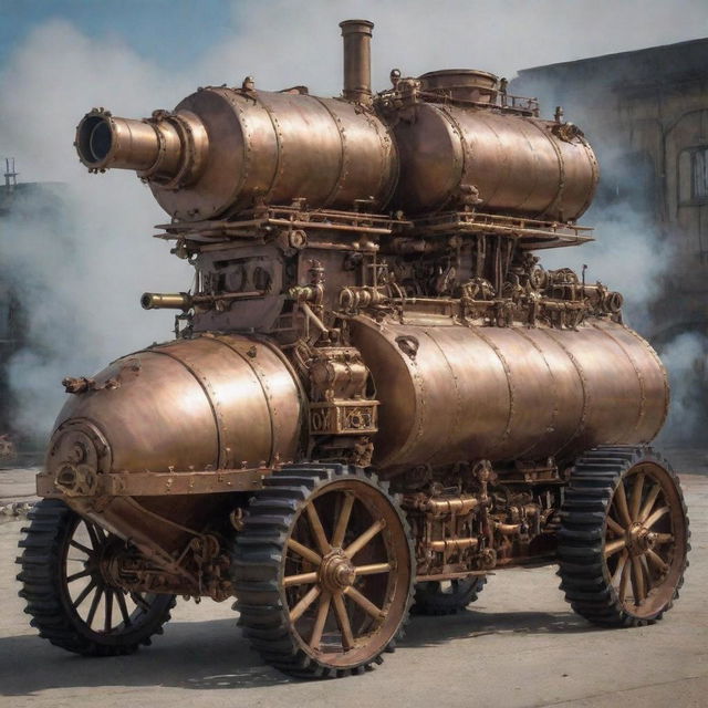 Steampunk military vehicles resembling armored, land-ship monstrosities; designed in Victorian aesthetics with hefty brass and iron build, turrets fitted with steam cannon, rattling gear mechanisms, and belching steam exhausts.