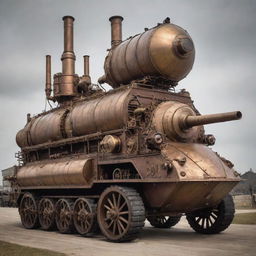 Steampunk military vehicles resembling armored, land-ship monstrosities; designed in Victorian aesthetics with hefty brass and iron build, turrets fitted with steam cannon, rattling gear mechanisms, and belching steam exhausts.