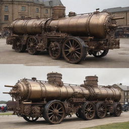 Steampunk military vehicles resembling armored, land-ship monstrosities; designed in Victorian aesthetics with hefty brass and iron build, turrets fitted with steam cannon, rattling gear mechanisms, and belching steam exhausts.