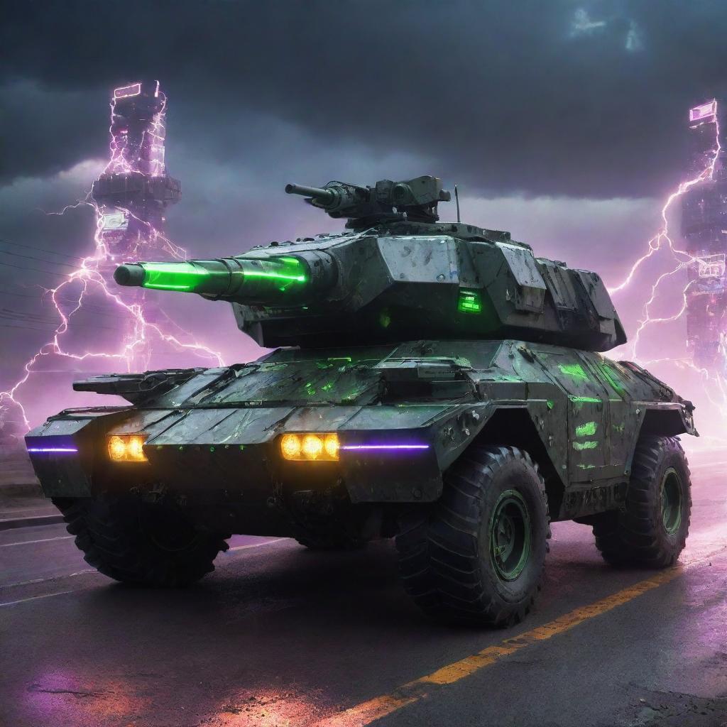 Electropunk military vehicles emitting electric vitality; futuristic armor design with charged neon circuits, turrets firing arcs of electricity, powered by high-voltage engines, leaving trails of vibrant lightning en route.