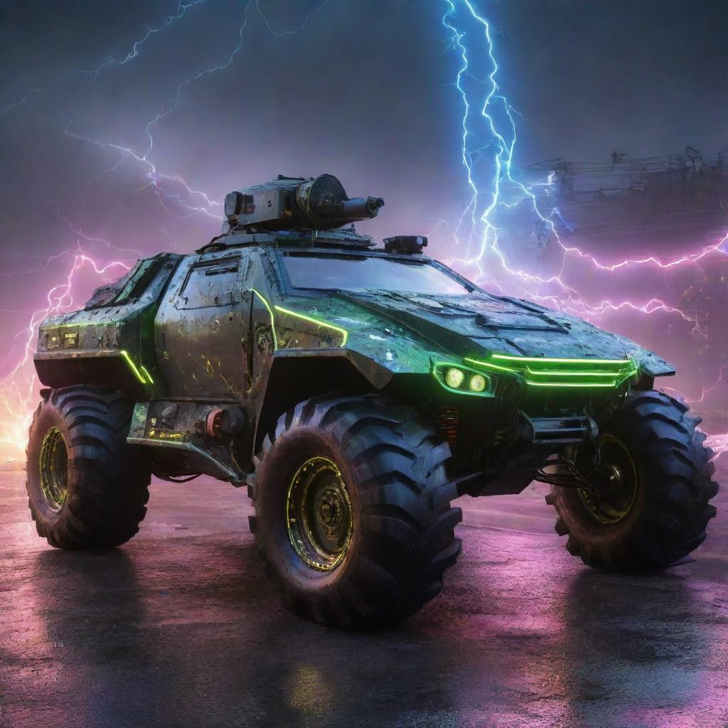 Electropunk military vehicles emitting electric vitality; futuristic armor design with charged neon circuits, turrets firing arcs of electricity, powered by high-voltage engines, leaving trails of vibrant lightning en route.