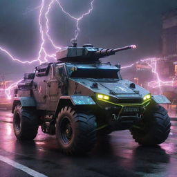 Electropunk military vehicles emitting electric vitality; futuristic armor design with charged neon circuits, turrets firing arcs of electricity, powered by high-voltage engines, leaving trails of vibrant lightning en route.