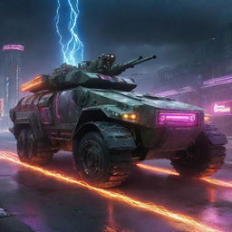 Electropunk military vehicles emitting electric vitality; futuristic armor design with charged neon circuits, turrets firing arcs of electricity, powered by high-voltage engines, leaving trails of vibrant lightning en route.