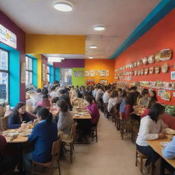 An interior view of a bustling canteen, with vibrant wall colors, well-lit environment, people chatting, queueing, and eating, along with a variety of colorful dishes on display.