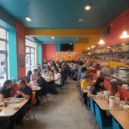 An interior view of a bustling canteen, with vibrant wall colors, well-lit environment, people chatting, queueing, and eating, along with a variety of colorful dishes on display.