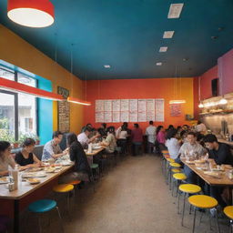 An interior view of a bustling canteen, with vibrant wall colors, well-lit environment, people chatting, queueing, and eating, along with a variety of colorful dishes on display.