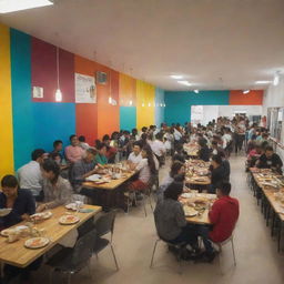 An interior view of a bustling canteen, with vibrant wall colors, well-lit environment, people chatting, queueing, and eating, along with a variety of colorful dishes on display.