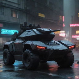 Cyberpunk military vehicles with advanced futuristic look; stealthy black armored bodies adorned with cooling neon lines, armed with energy weapons, hovering or tireless locomotion, and equipped with AI pilot systems.