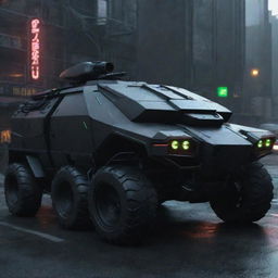 Cyberpunk military vehicles with advanced futuristic look; stealthy black armored bodies adorned with cooling neon lines, armed with energy weapons, hovering or tireless locomotion, and equipped with AI pilot systems.