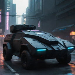 Cyberpunk military vehicles with advanced futuristic look; stealthy black armored bodies adorned with cooling neon lines, armed with energy weapons, hovering or tireless locomotion, and equipped with AI pilot systems.