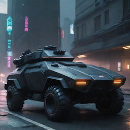 Cyberpunk military vehicles with advanced futuristic look; stealthy black armored bodies adorned with cooling neon lines, armed with energy weapons, hovering or tireless locomotion, and equipped with AI pilot systems.