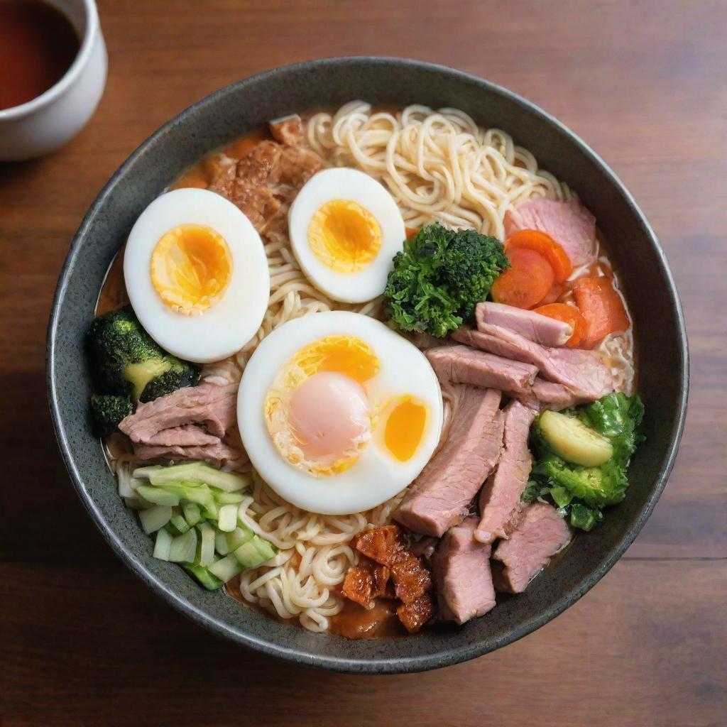 A bowl of steaming ramen, filled with colorful vegetables, succulent slices of meat, soft boiled egg and perfectly cooked noodles, placed on a wooden table.