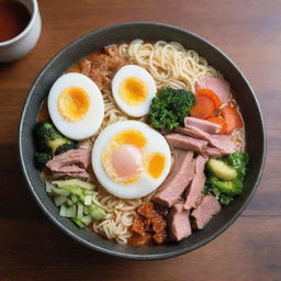 A bowl of steaming ramen, filled with colorful vegetables, succulent slices of meat, soft boiled egg and perfectly cooked noodles, placed on a wooden table.